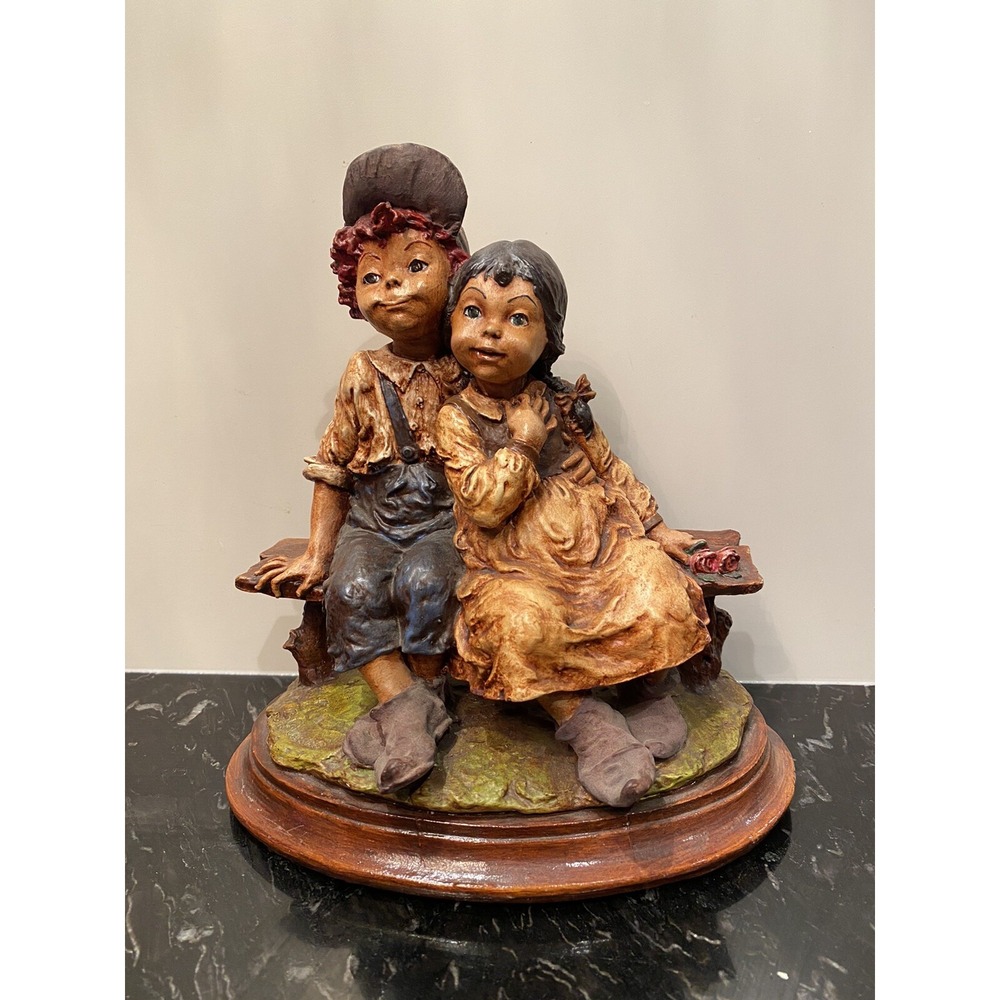 Vintage Giuseppe Armani Boy & Girl Sitting On Bench Ceramic Figurine 8.5"